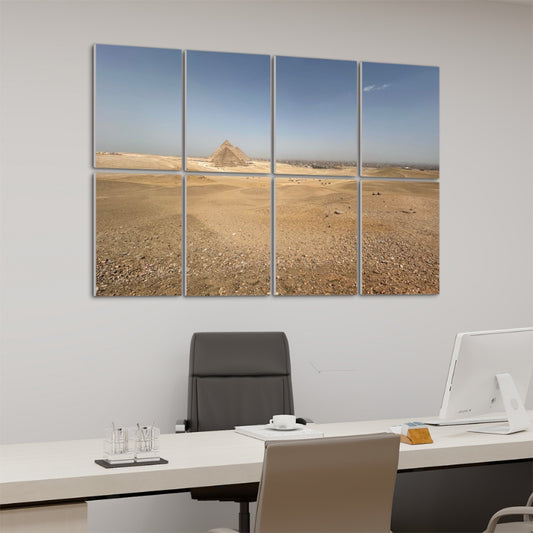 Left-angle view of Distant Horizon Pyramids wall panels in full color with golden sand and pyramid silhouettes on the horizon.
