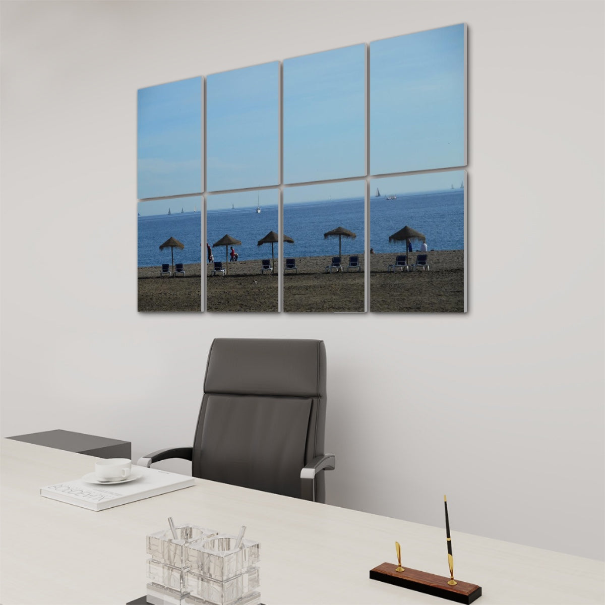 Right-side view of Seaside Shade wall panels in full color, showing the expansive beach, distant sailboats, and pale blue sky stretching overhead.
