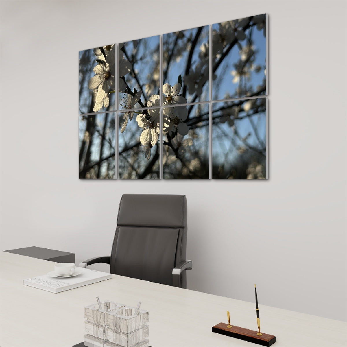 Right angle of full-color floral acoustic panels with fully bloomed white flowers on sunlit branches beneath a soft sky.