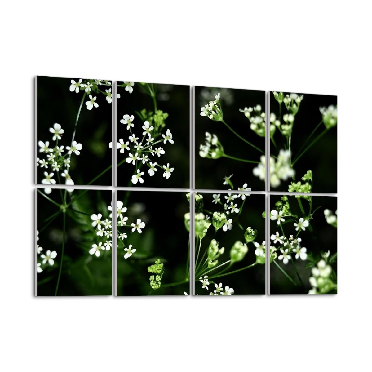 Angled left-side view of full color acoustic wall panels with soft white wildflowers and green stems creating a natural, flowing pattern.
