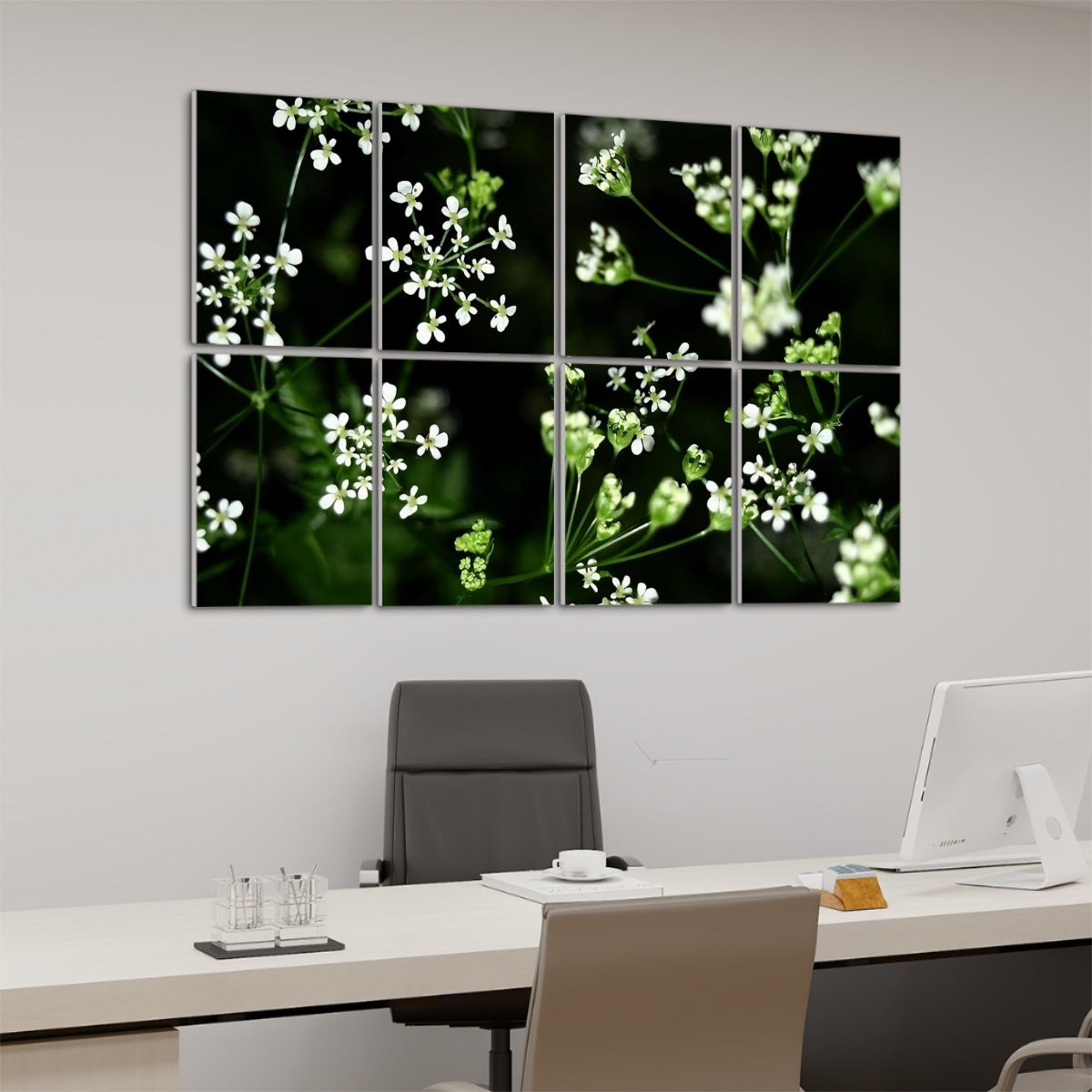Angled left-side view of full color acoustic wall panels with soft white wildflowers and green stems creating a natural, flowing pattern.