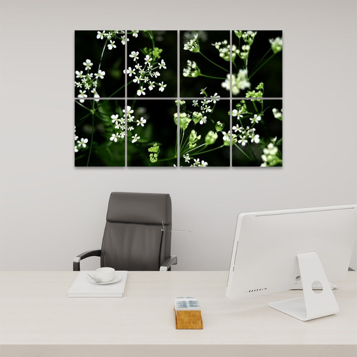 Delicate white wildflowers blooming against a dark green background, arranged across 8 decorative sound absorbing panels in full color.