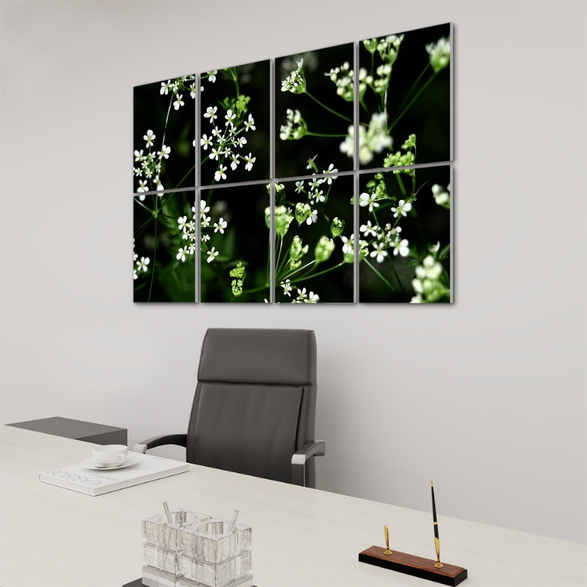 Angled right-side view of full color wildflower design stretching across 8 sound absorbing panels with vibrant foliage and floral detail.