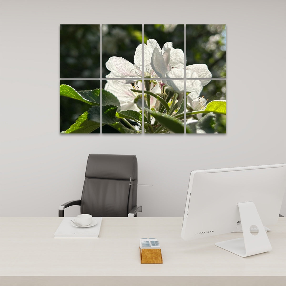 Full color close-up of white spring blossoms with green leaves in sunlight, arranged across 8 decorative sound absorbing wall panels.