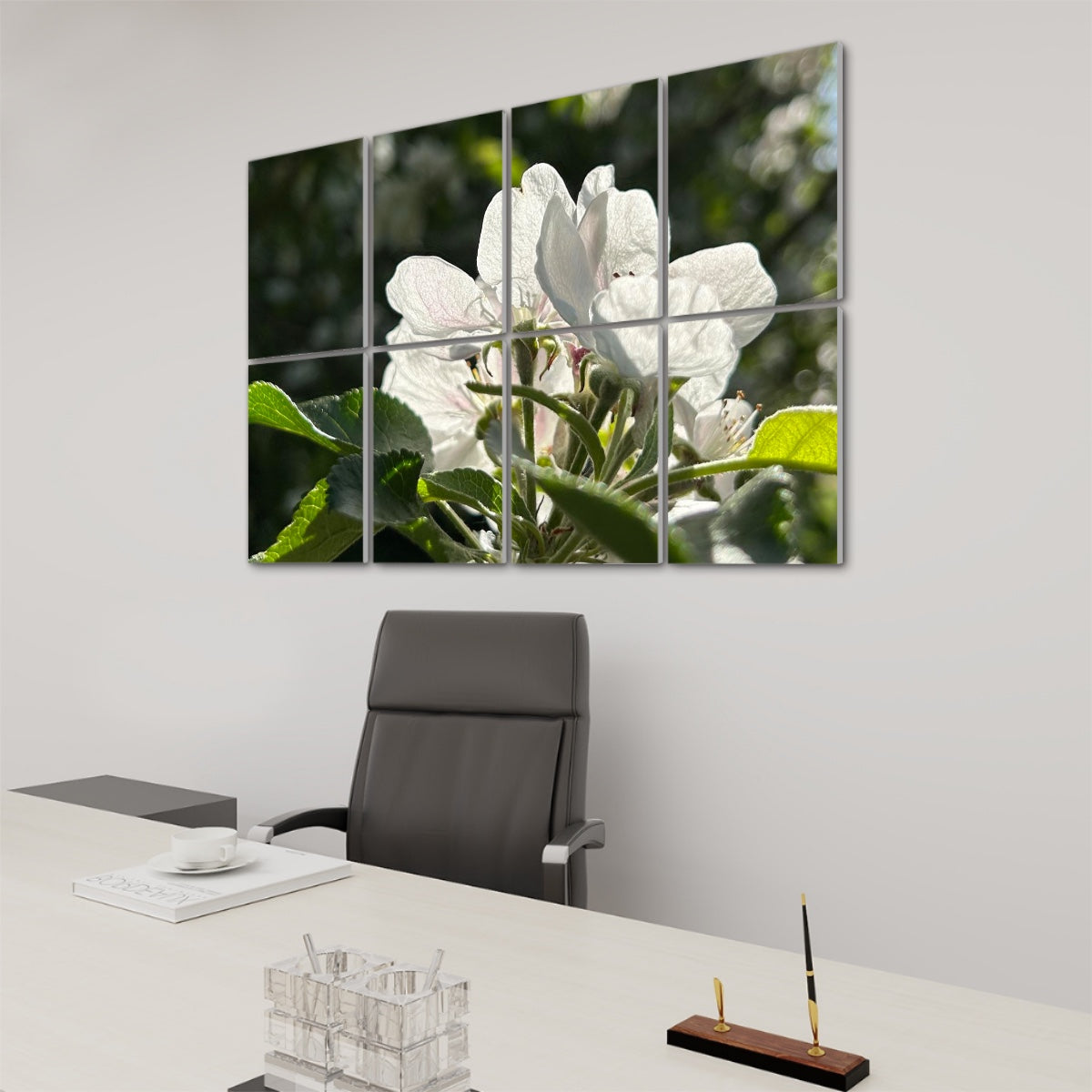 Right-side view of sound absorbing floral panels showing white blossoms and backlit foliage under blue sky.
