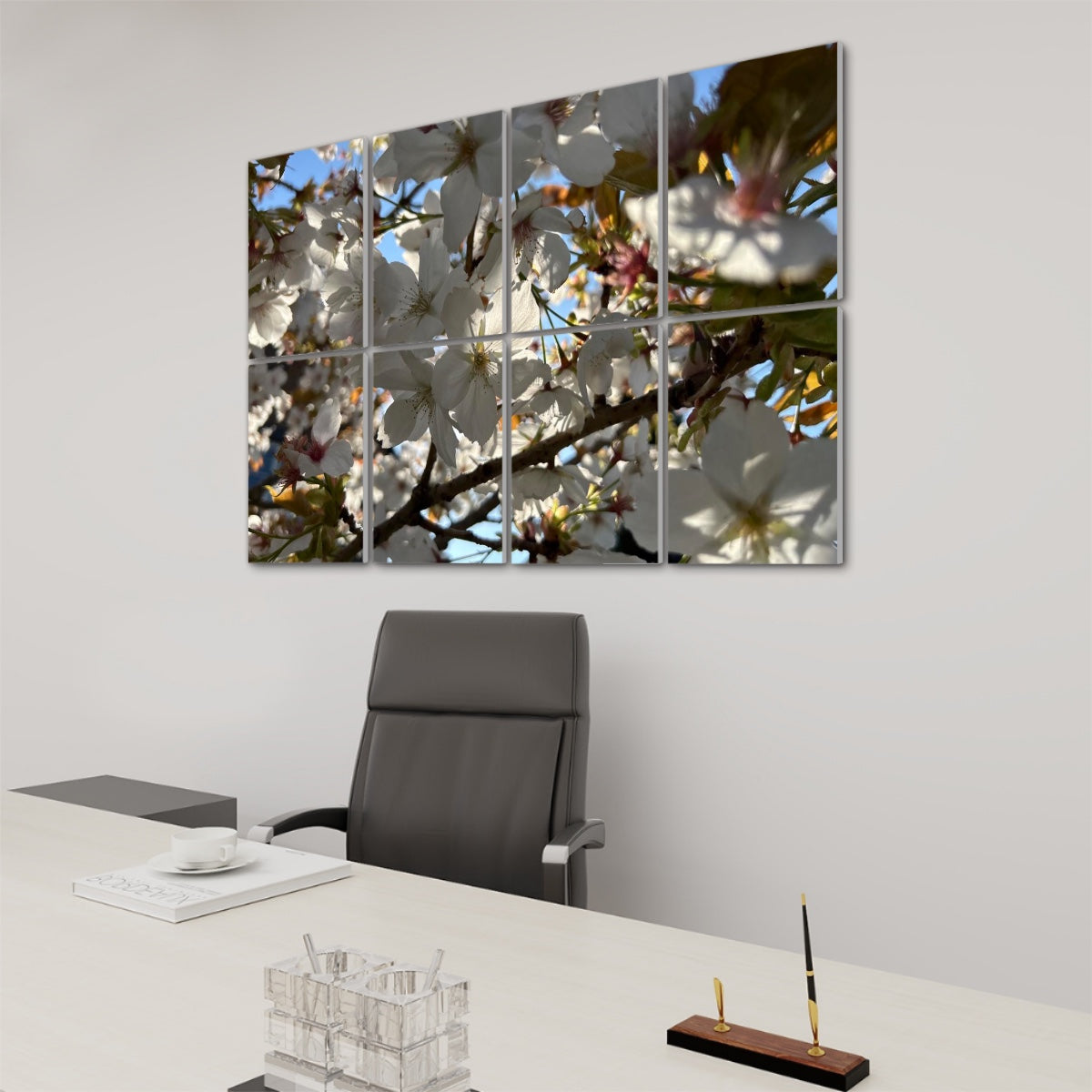 Right-side perspective of 8 full color sound absorbing panels showing white blossoms and spring foliage with warm daylight.