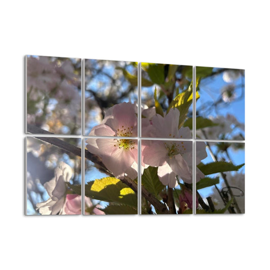 Left angle view of full color floral acoustic panels featuring softly lit pink blossoms against a clear sky.