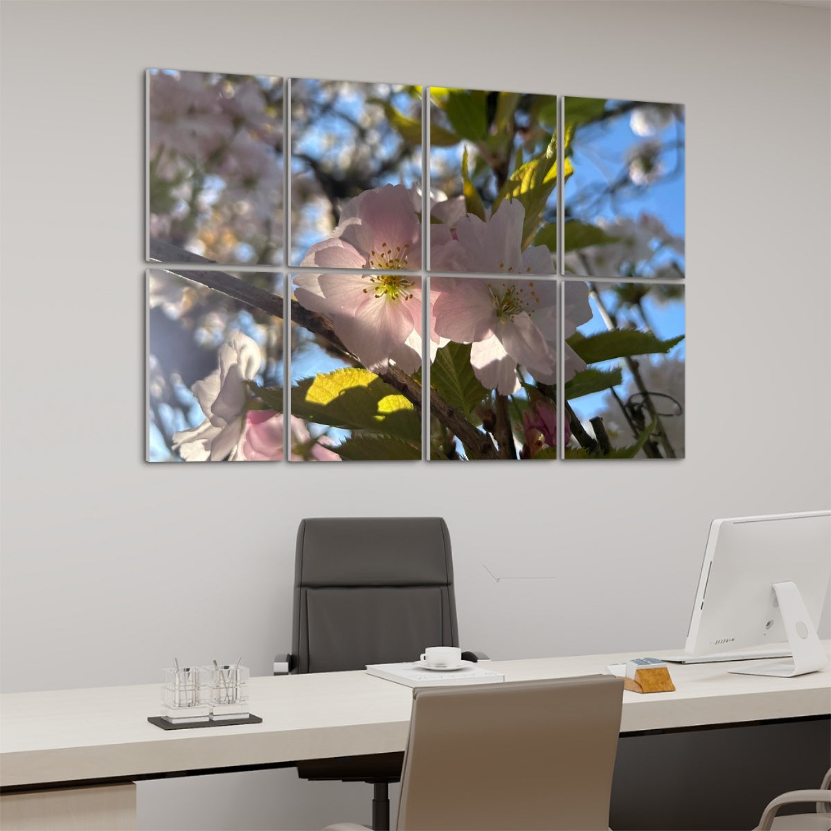 Left angle view of full color floral acoustic panels featuring softly lit pink blossoms against a clear sky.