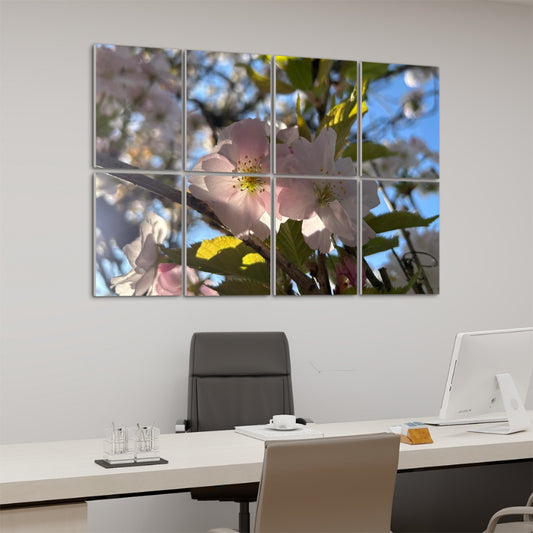Left angle view of full color floral acoustic panels featuring softly lit pink blossoms against a clear sky.