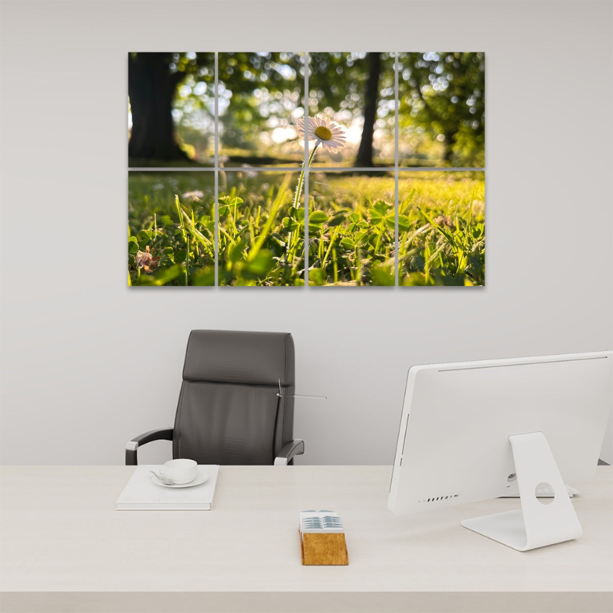 Full color image of a single daisy in golden afternoon light surrounded by sunlit green grass, divided between 8 floral decorative sound absorbing panels.