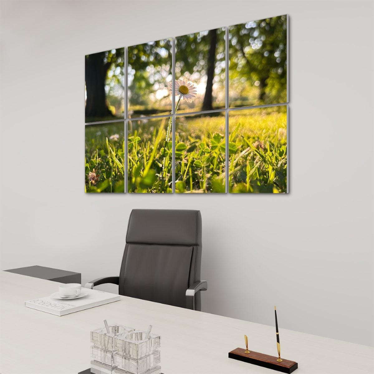 right angle view Full color image of a single daisy in golden afternoon light surrounded by sunlit green grass, divided between 8 floral decorative sound absorbing panels.