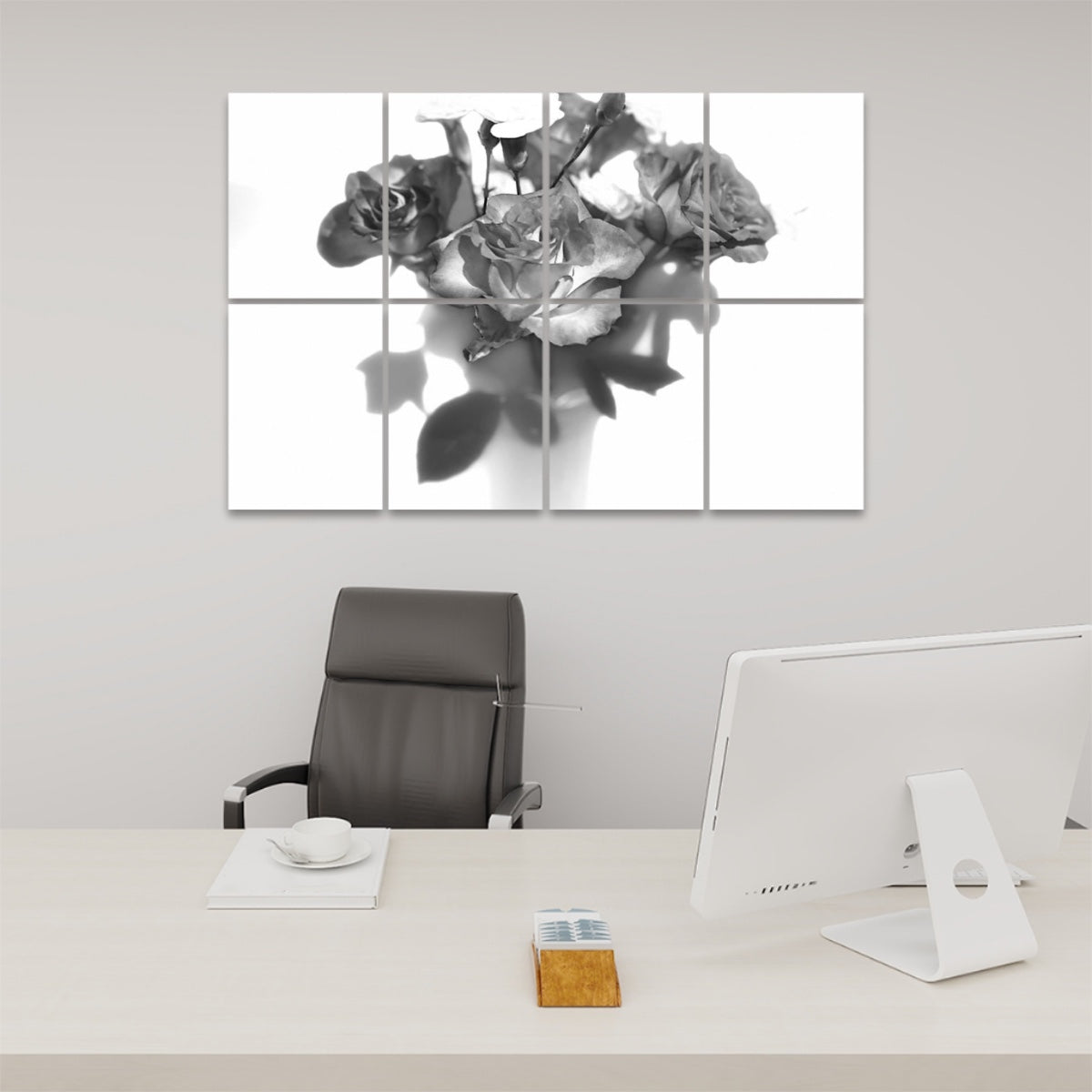 Set of 8 decorative sound absorbing panels featuring a greyscale rose bouquet, printed on polyester with a clean monochrome floral design.