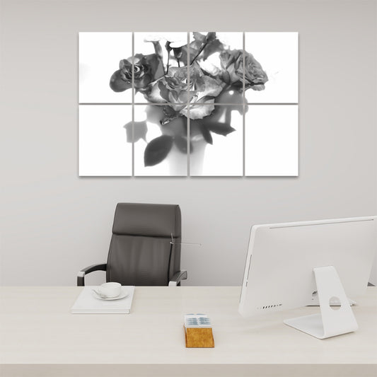 Set of 8 decorative sound absorbing panels featuring a greyscale rose bouquet, printed on polyester with a clean monochrome floral design.