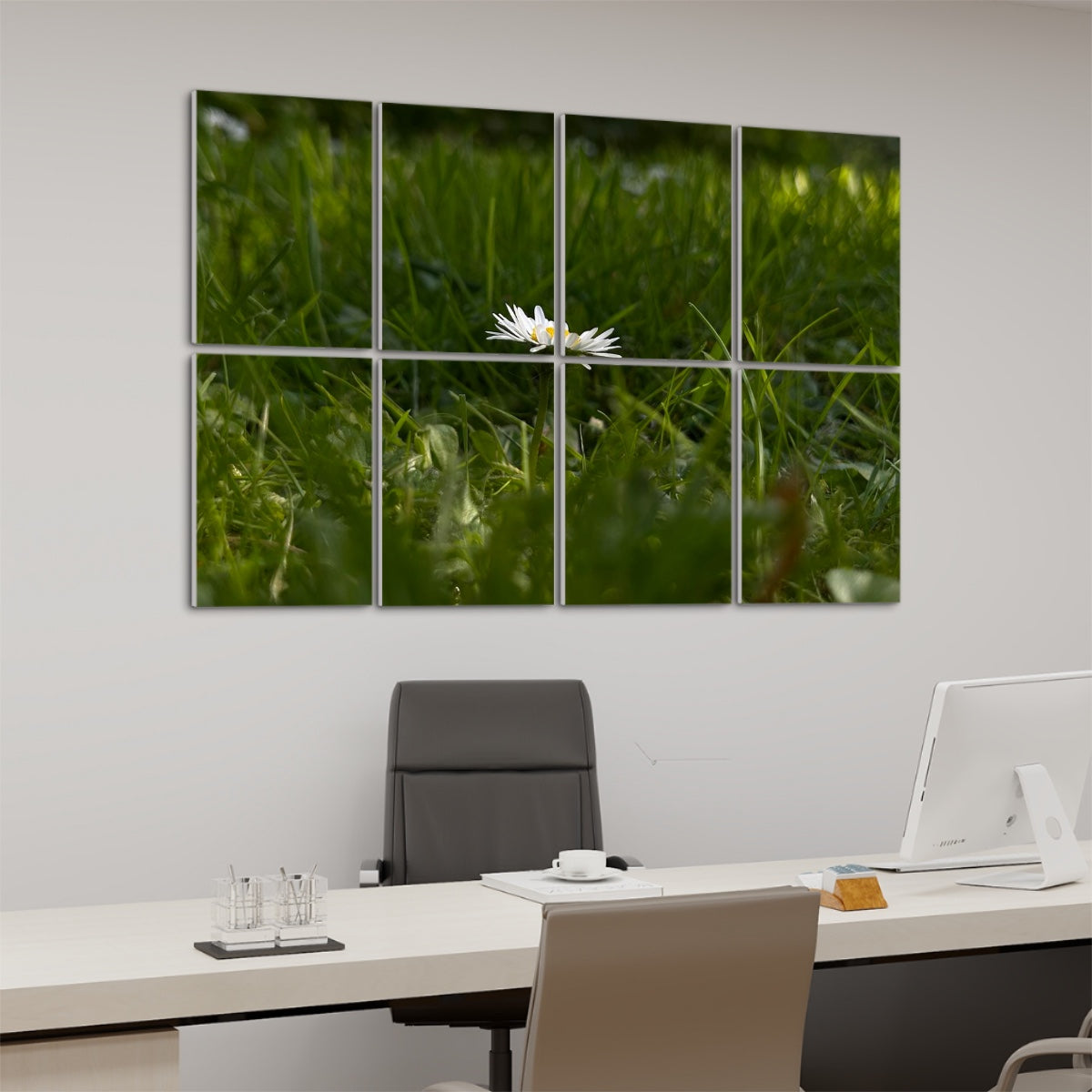 Angled left-side view of 8-panel full color floral acoustic wall art featuring a daisy in shaded grass, with depth and warm natural detail.