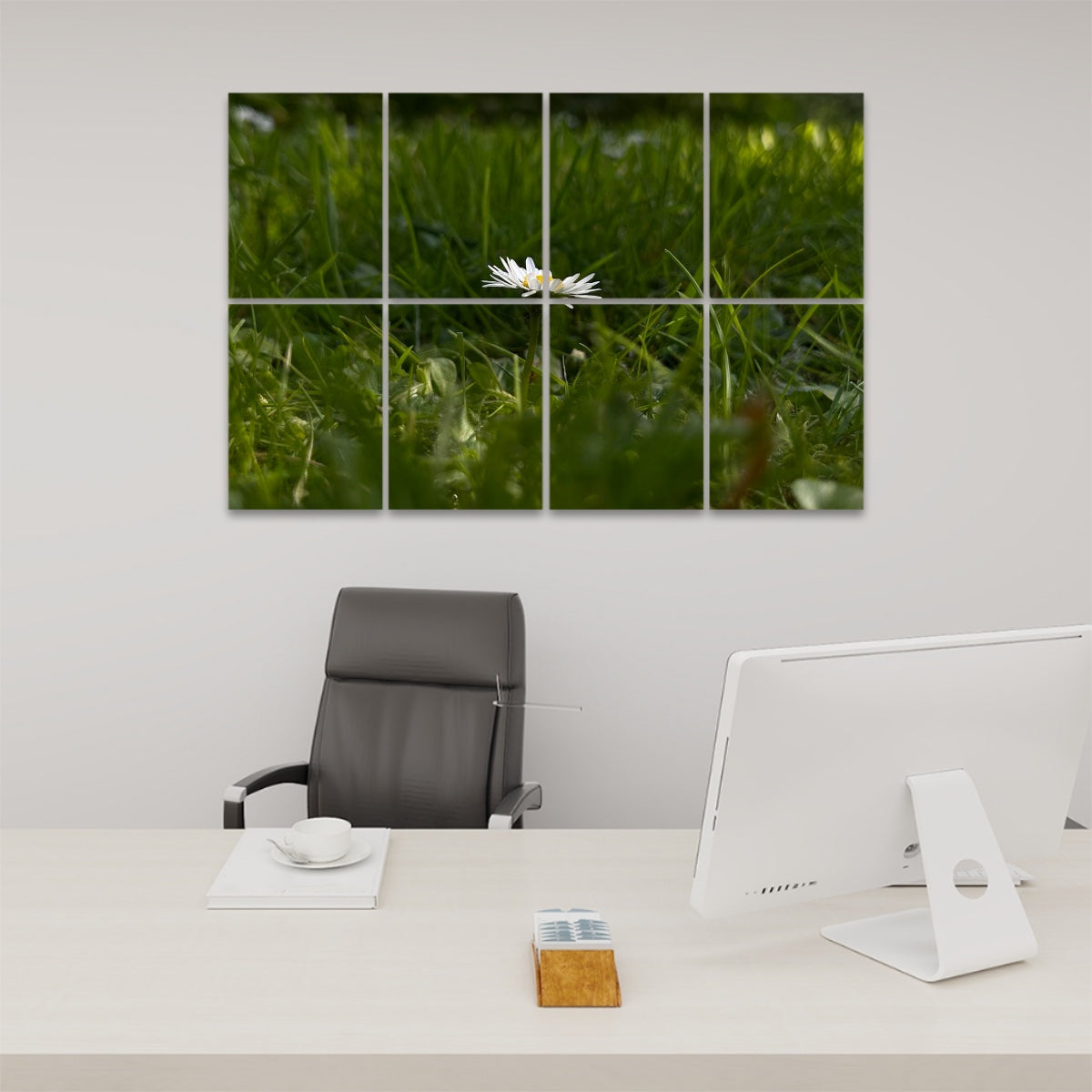 Full color floral wall art showing a single daisy emerging from dark green grass, divided between 8 decorative sound absorbing panels.