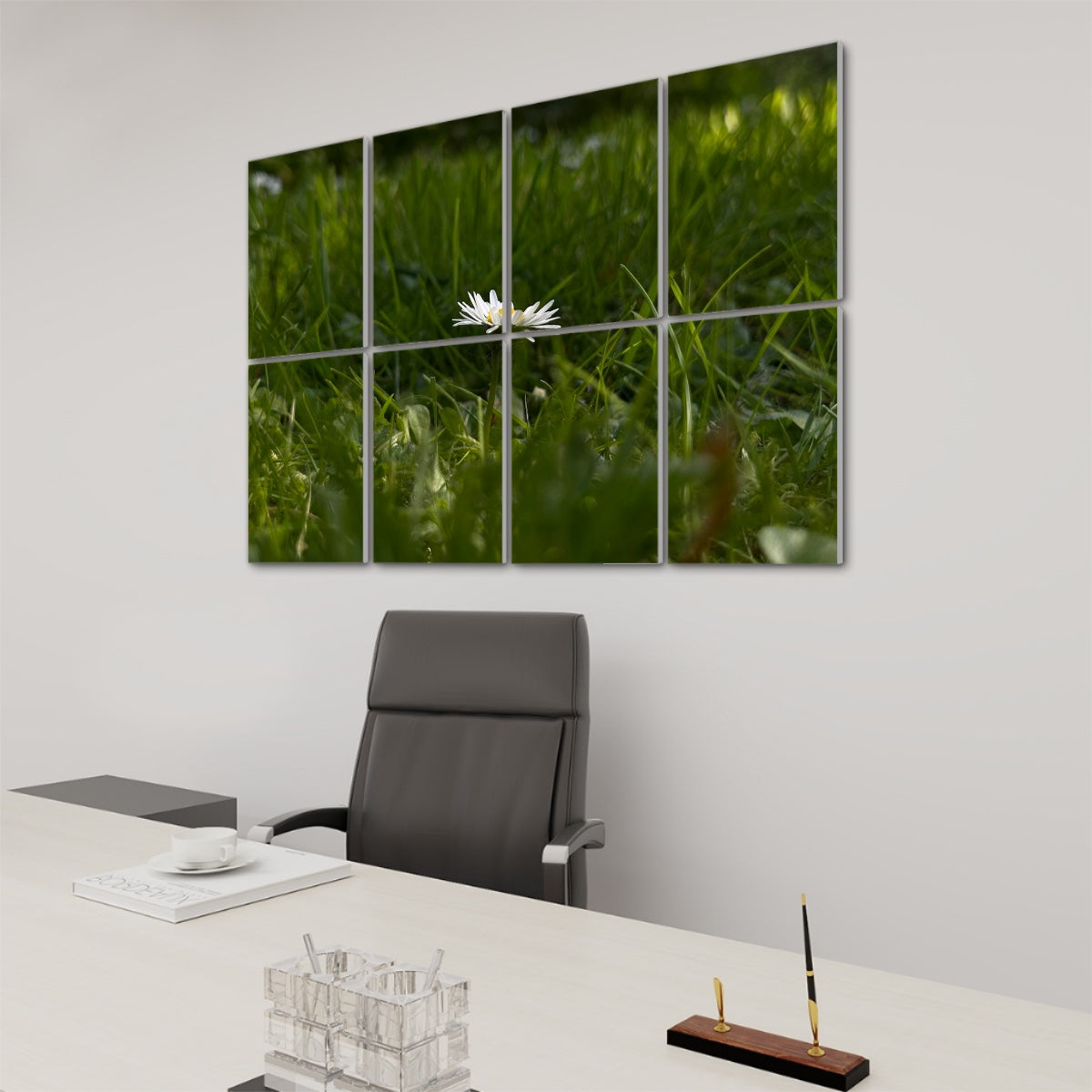 Right-side angled view of full color acoustic panel set showing a daisy in lush grass, arranged on 8 decorative sound absorbing wall panels.