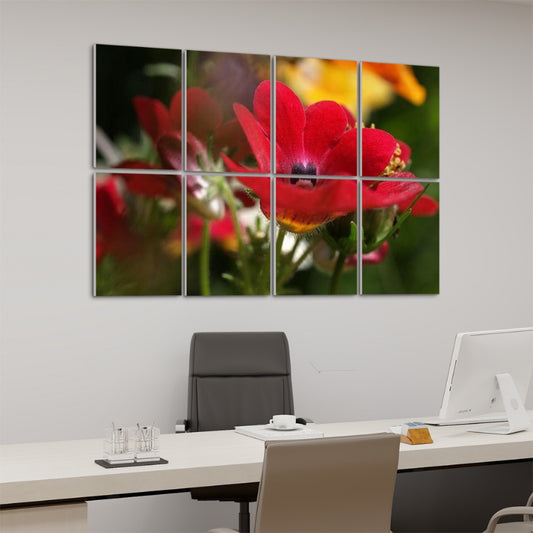 Left-angle view of Red Nemesia floral wall panels in full color showing flower depth, texture, and light.