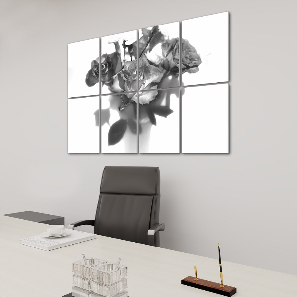 Right side perspective of the greyscale rose bouquet sound panel set, highlighting panel depth and the elegant floral print texture.
