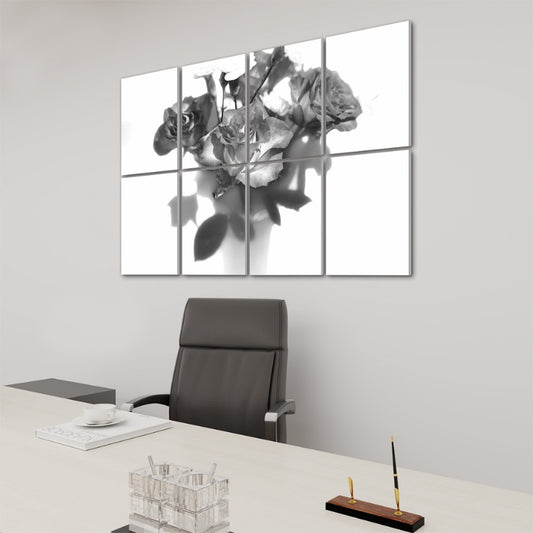 Right side perspective of the greyscale rose bouquet sound panel set, highlighting panel depth and the elegant floral print texture.