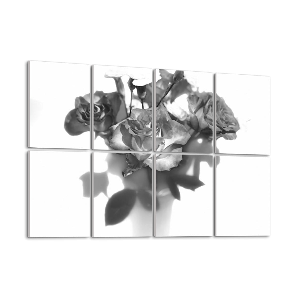 Angled left view of 8 sound absorbing panels with a soft-focus rose bouquet in greyscale, adding depth and acoustic function to interior walls.
