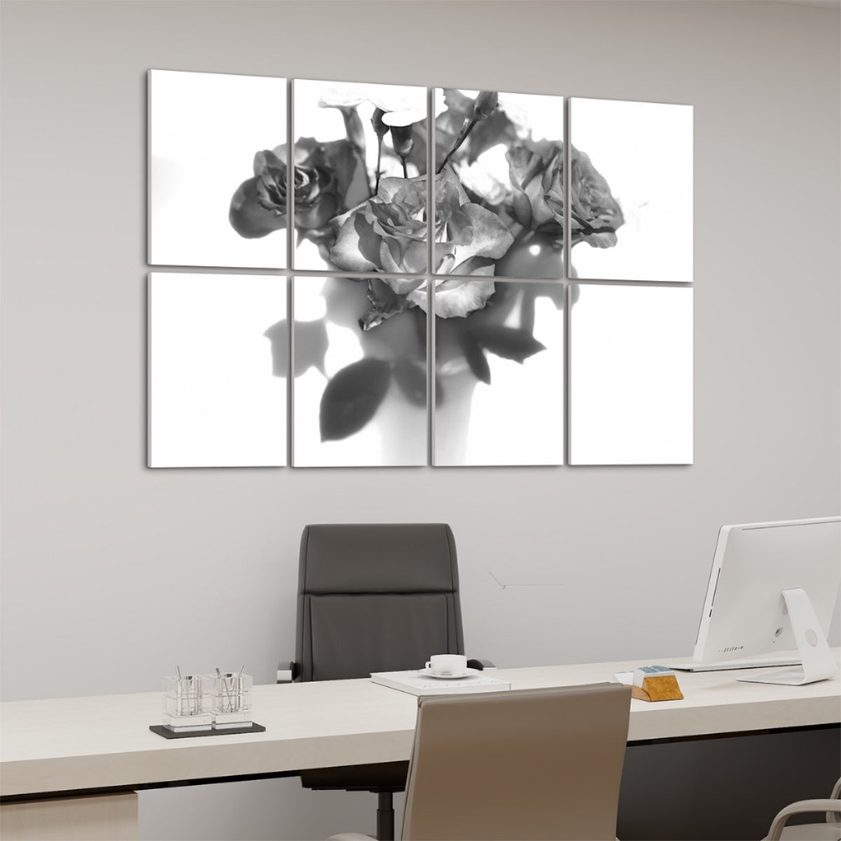 Angled left view of 8 sound absorbing panels with a soft-focus rose bouquet in greyscale, adding depth and acoustic function to interior walls.