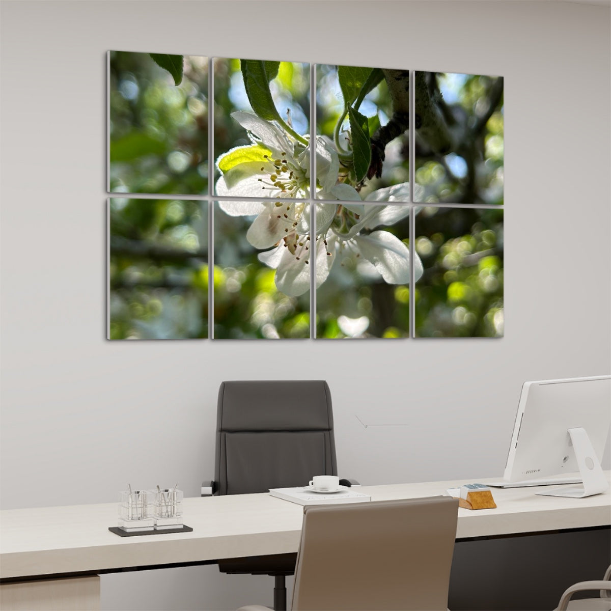 Angled left view of full color floral acoustic wall panels showing a glowing white blossom in filtered sun across 8 decorative panels.