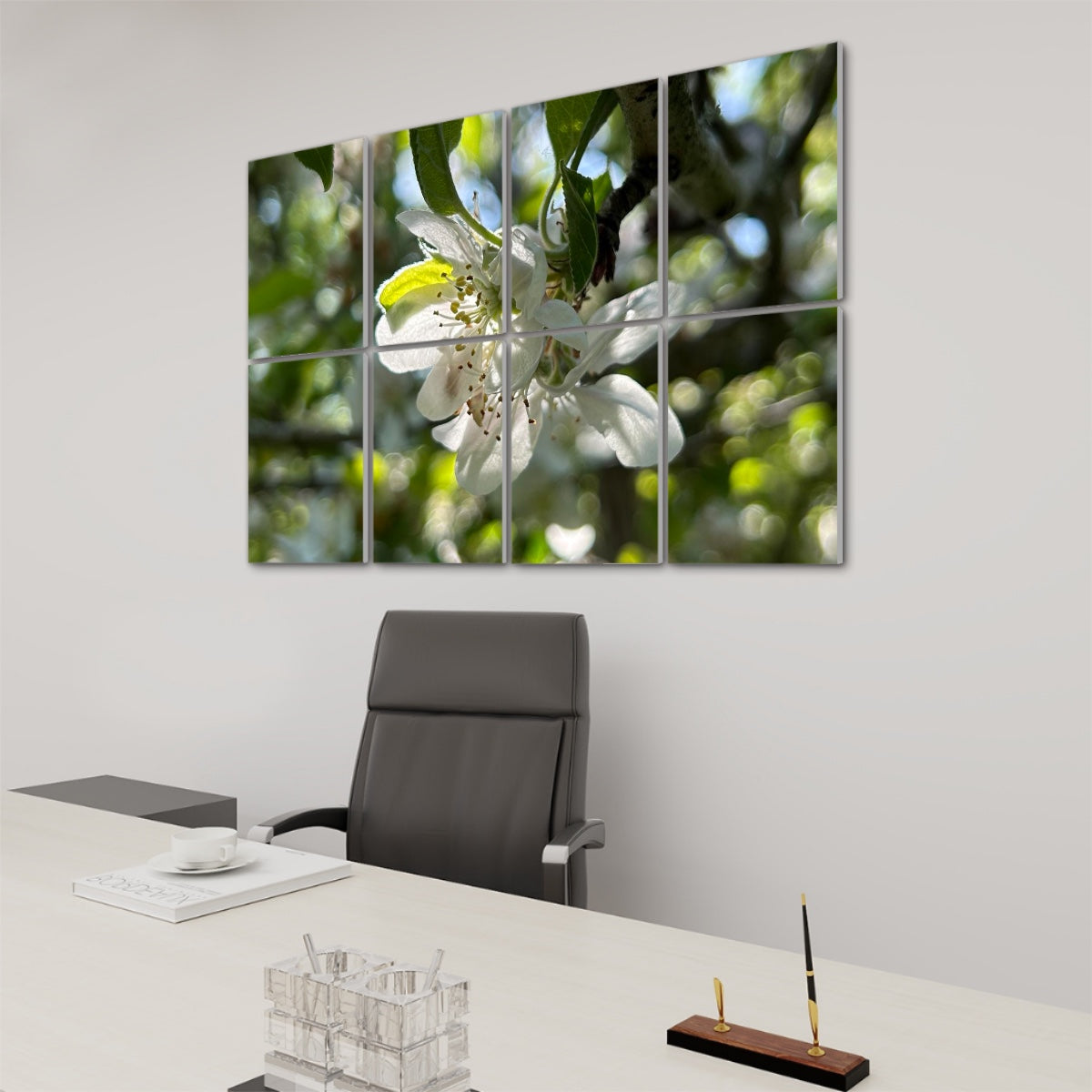 Right-side angle view of 8 floral sound absorbing wall panels featuring a soft white flower lit by natural sunlight with leafy background.