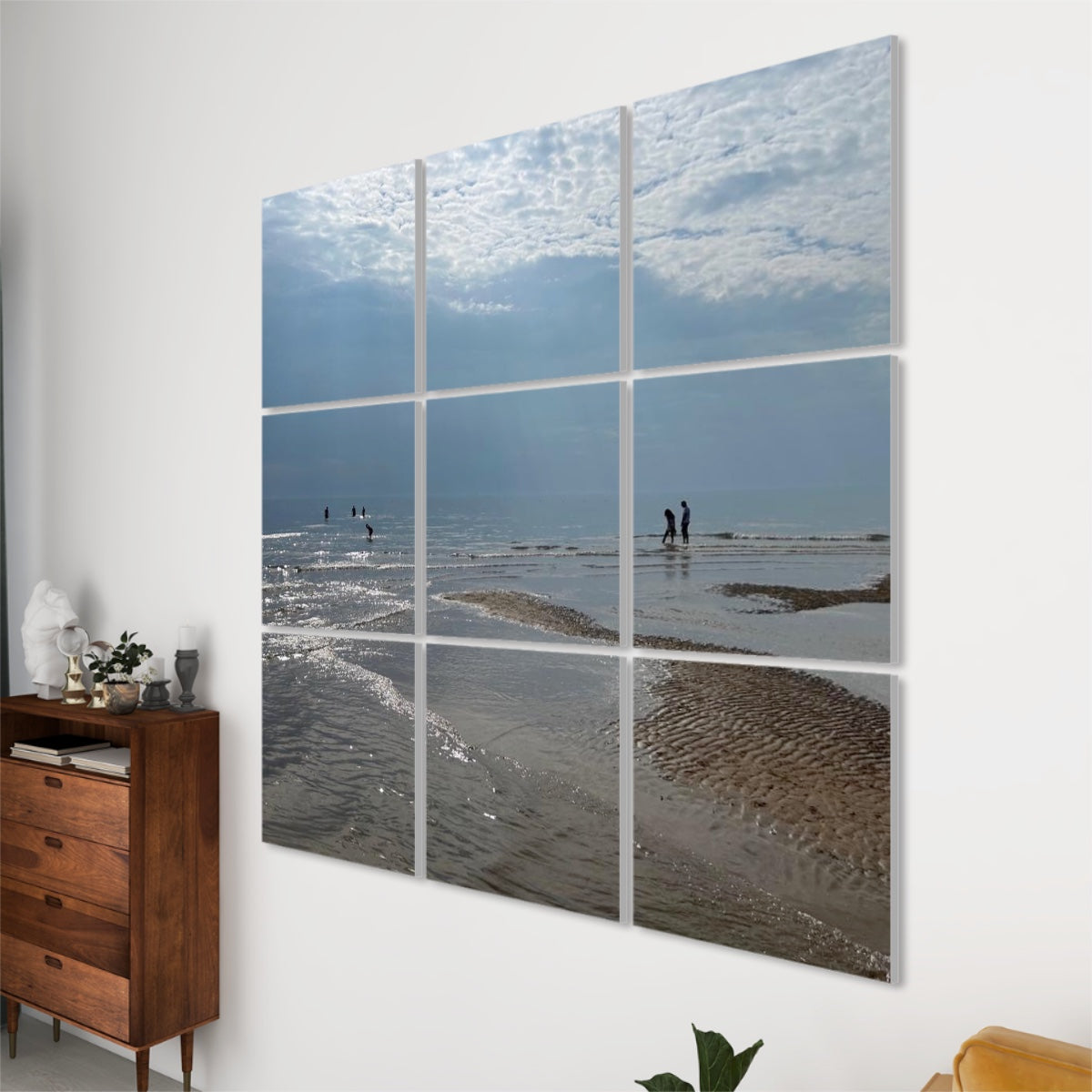 9 Decorative Sound Absorbing Wall Panels featuring Blackpool Beach Landscape. 3x3 grid photo panels mounted on white wall