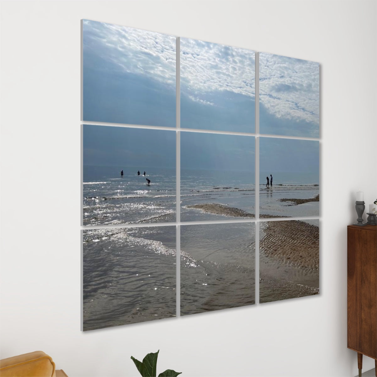 9 Decorative Sound Absorbing Wall Panels featuring Blackpool Beach Landscape. 3x3 mounted grid of beach, sky, sand and people