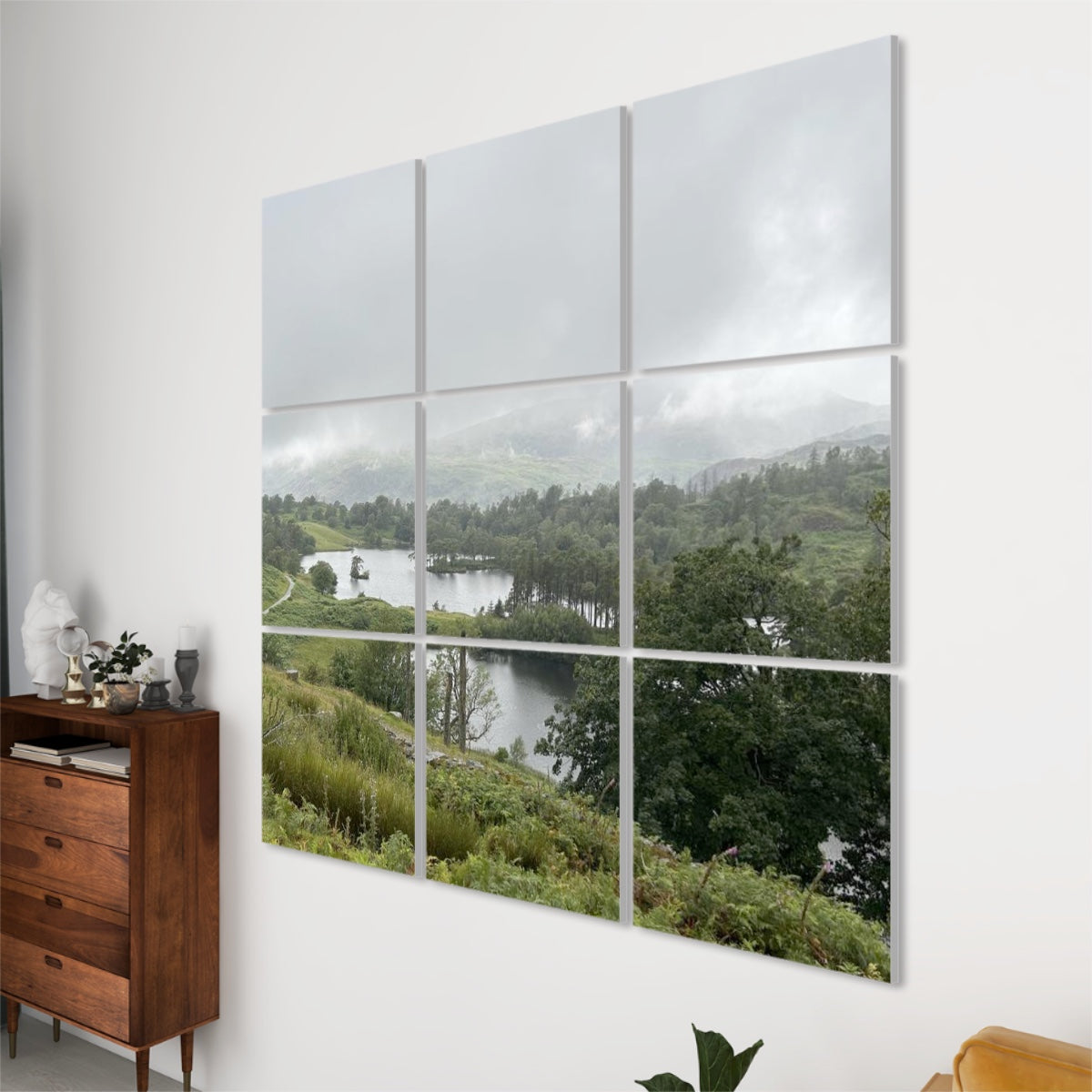 9 Decorative Sound Absorbing Wall Panels Featuring Tarn Hows Lake. Mounted as 3x3 landscape wall art in living room