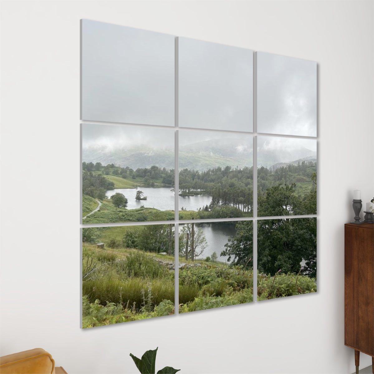 9 Decorative Sound Absorbing Wall Panels Featuring Tarn Hows Lake. Nine square panels showing misty lake and green hills