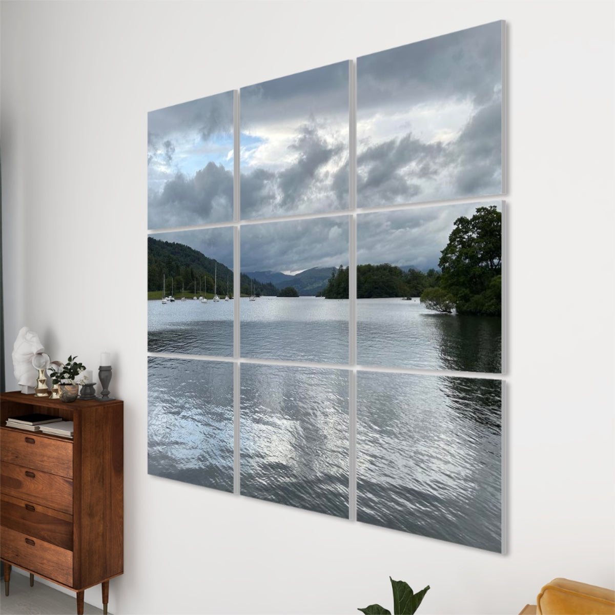 9 Decorative Sound Absorbing Wall Panels featuring Windermere Lake Landscape. Living room 3x3 gallery above wooden dresser