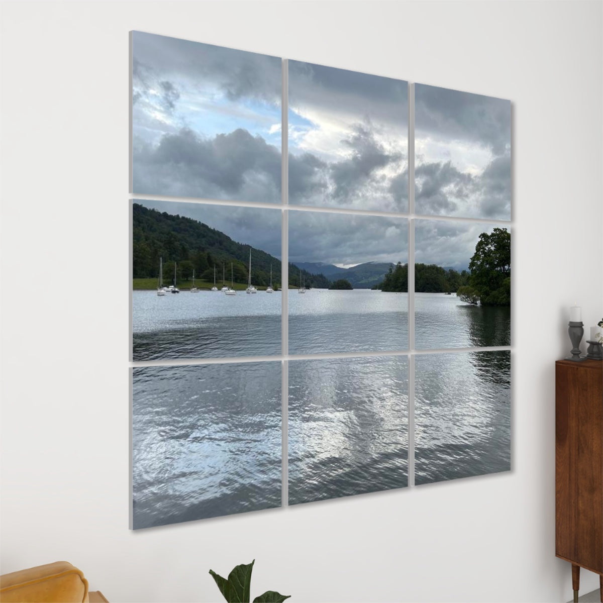 9 Decorative Sound Absorbing Wall Panels featuring Windermere Lake Landscape. Wall art grid of lake with sailboats and cloudy sky