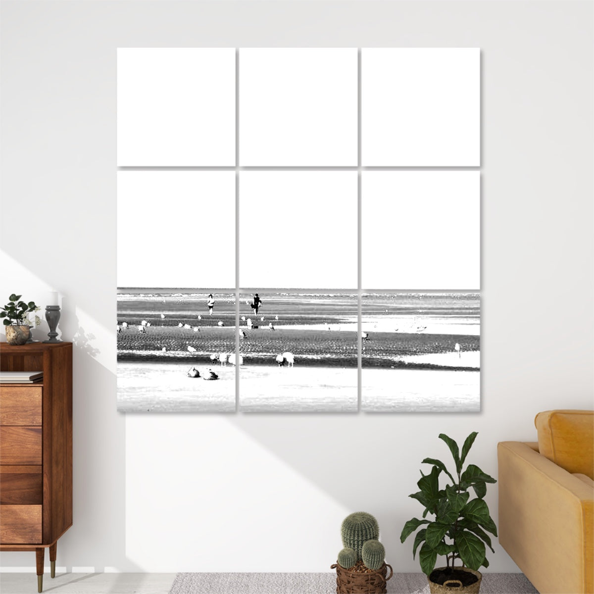 Black and white 9-panel wall art of a coastal beach scene with seagulls, low tide, and a distant seawall under a pale sky.