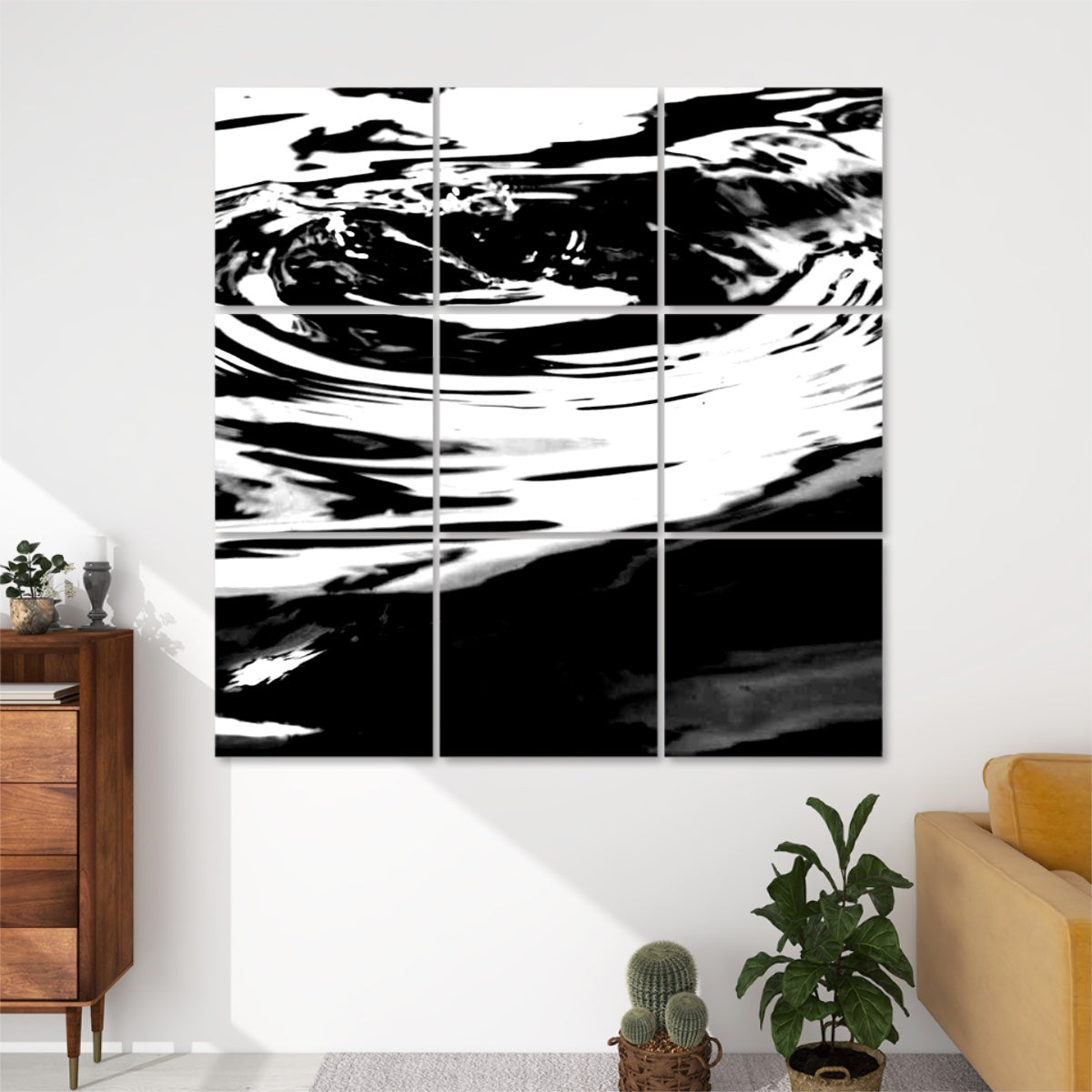 Black and white version of Rippling Water 9-panel wall art, emphasizing wave texture and light contrast for a bold minimalist feel.