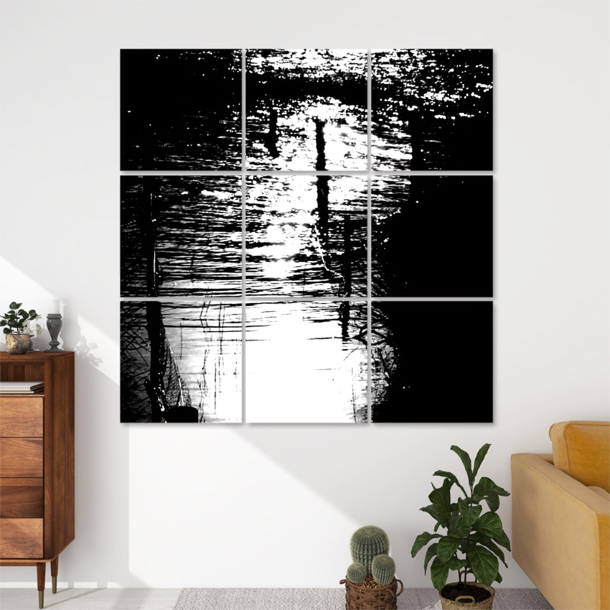 Black and white 9-panel wall art of reflective water and silhouetted fence posts, featuring bold contrast and high-impact light play