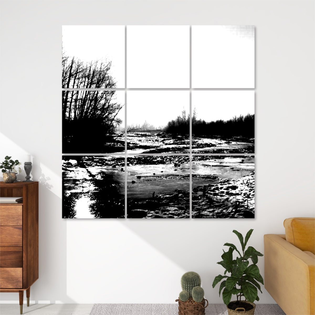 Black and white 9-panel wall art of a quiet winter stream, emphasizing contrast between snow, shadows, and leafless trees.