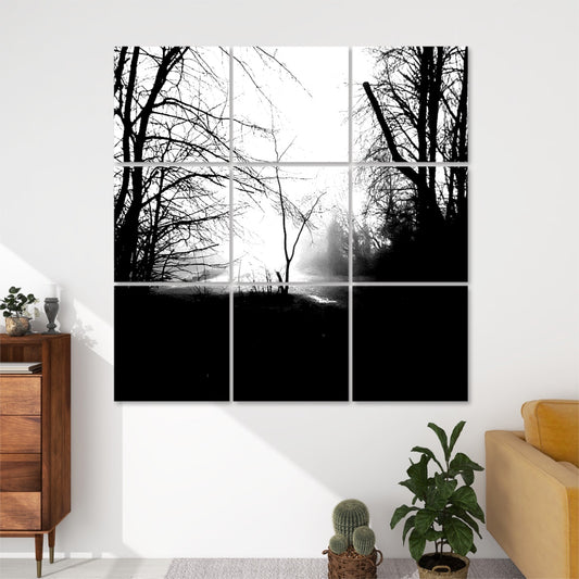 Black and white version of Foggy Path wall art, showing a moody wooded trail with fog and stark tree silhouettes in high contrast