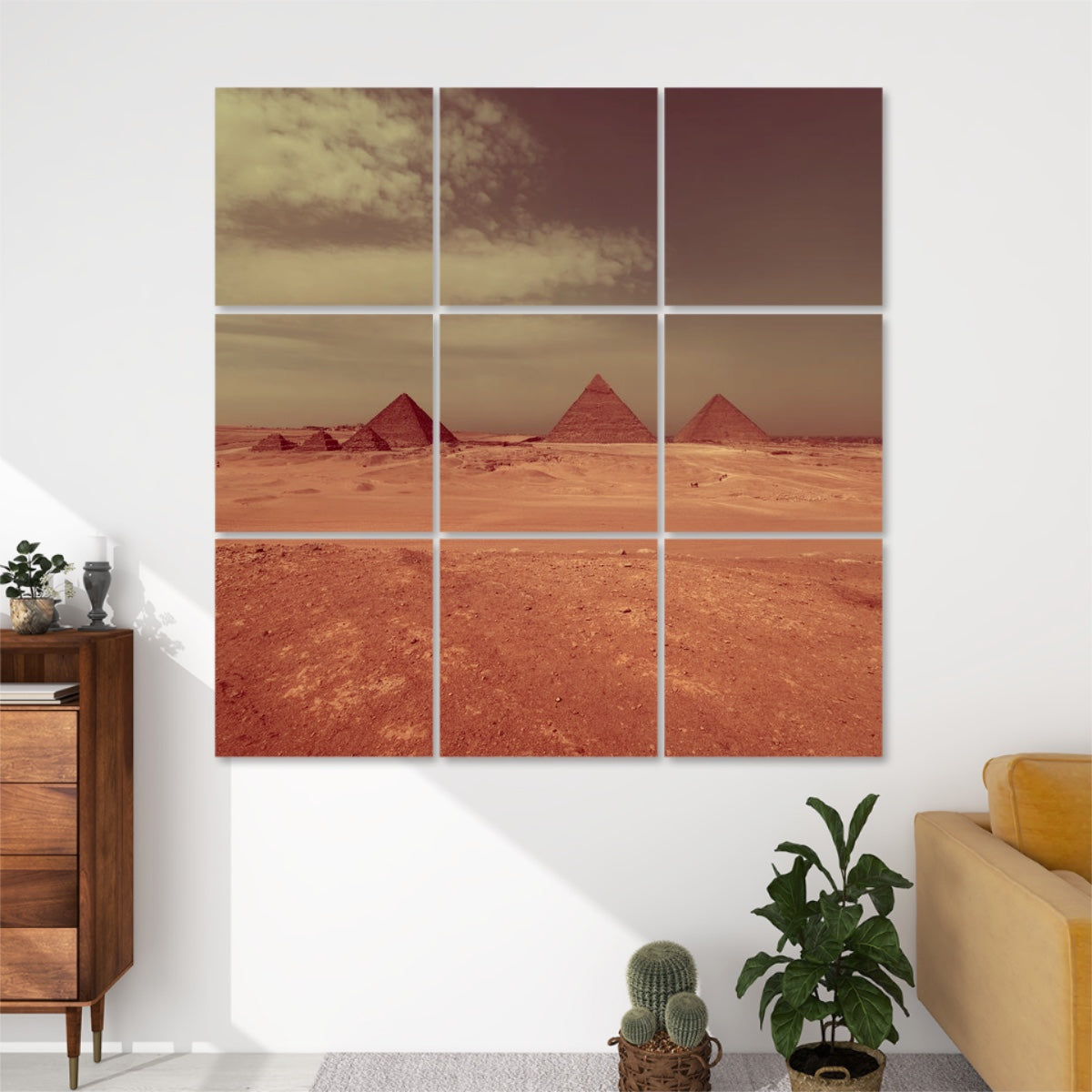 Brownie-toned 9-panel wall art showing the Pyramids of Giza in rich brown tones for a nostalgic, retro desert scene.