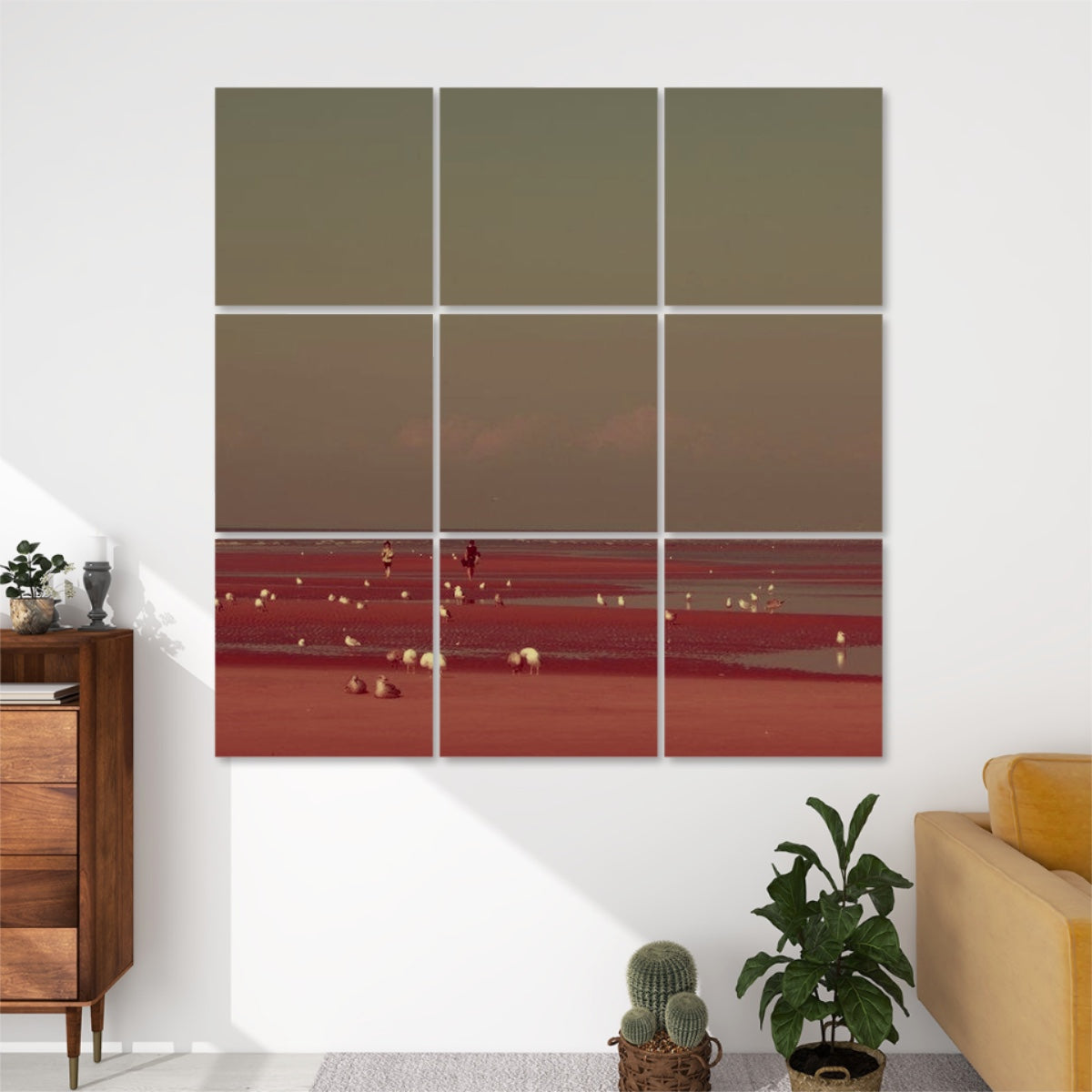 Brownie-toned 9-panel acoustic wall art of a beach at low tide with seagulls, two walkers, and soft brown tones throughout the landscape.