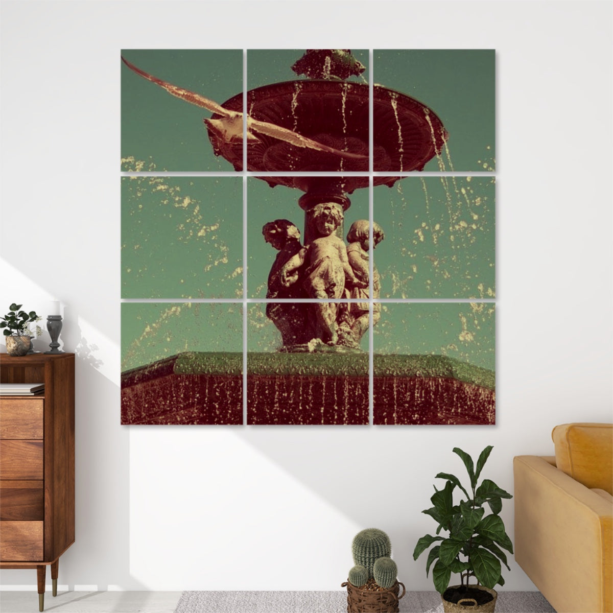 Brownie‑toned 9‑panel acoustic wall art of a seagull soaring over Lisbon’s riverfront fountain, warm vintage tones.