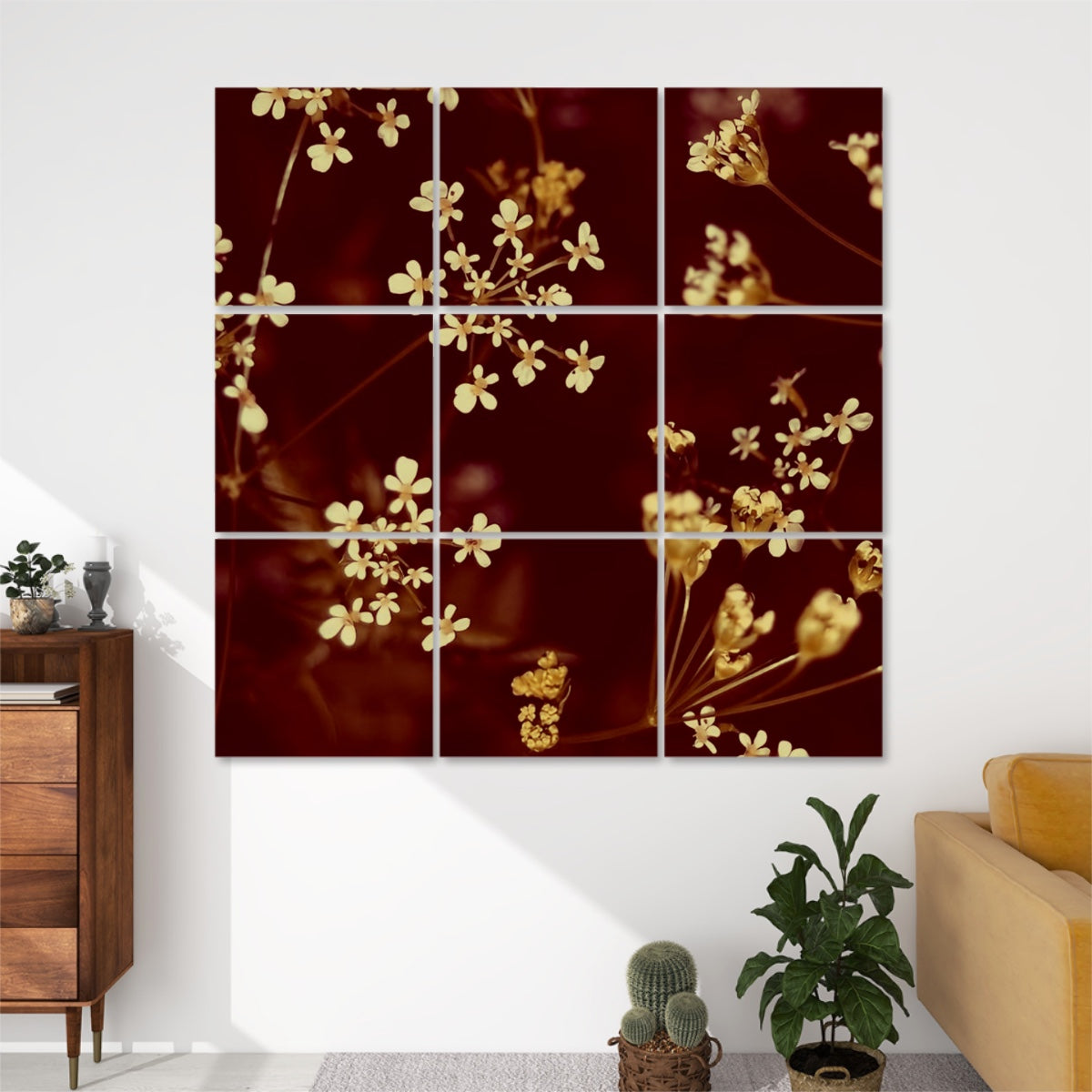 9 sound absorbing panels featuring white little flowers on black/green background, color: brownie