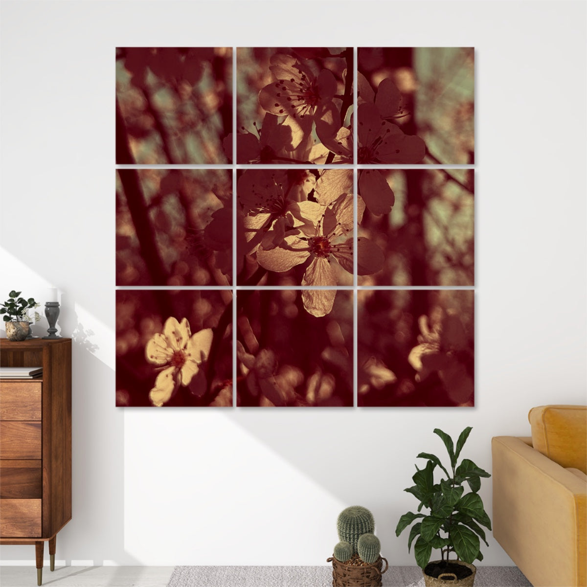 Brownie-toned 9-panel acoustic wall art featuring sunlit white blossoms with earthy brown hues and soft contrast.