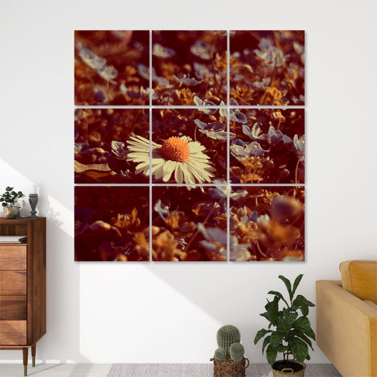 Brownie-toned 9-panel acoustic wall art featuring a daisy and wild violets in rich earthy hues and soft natural shadows.