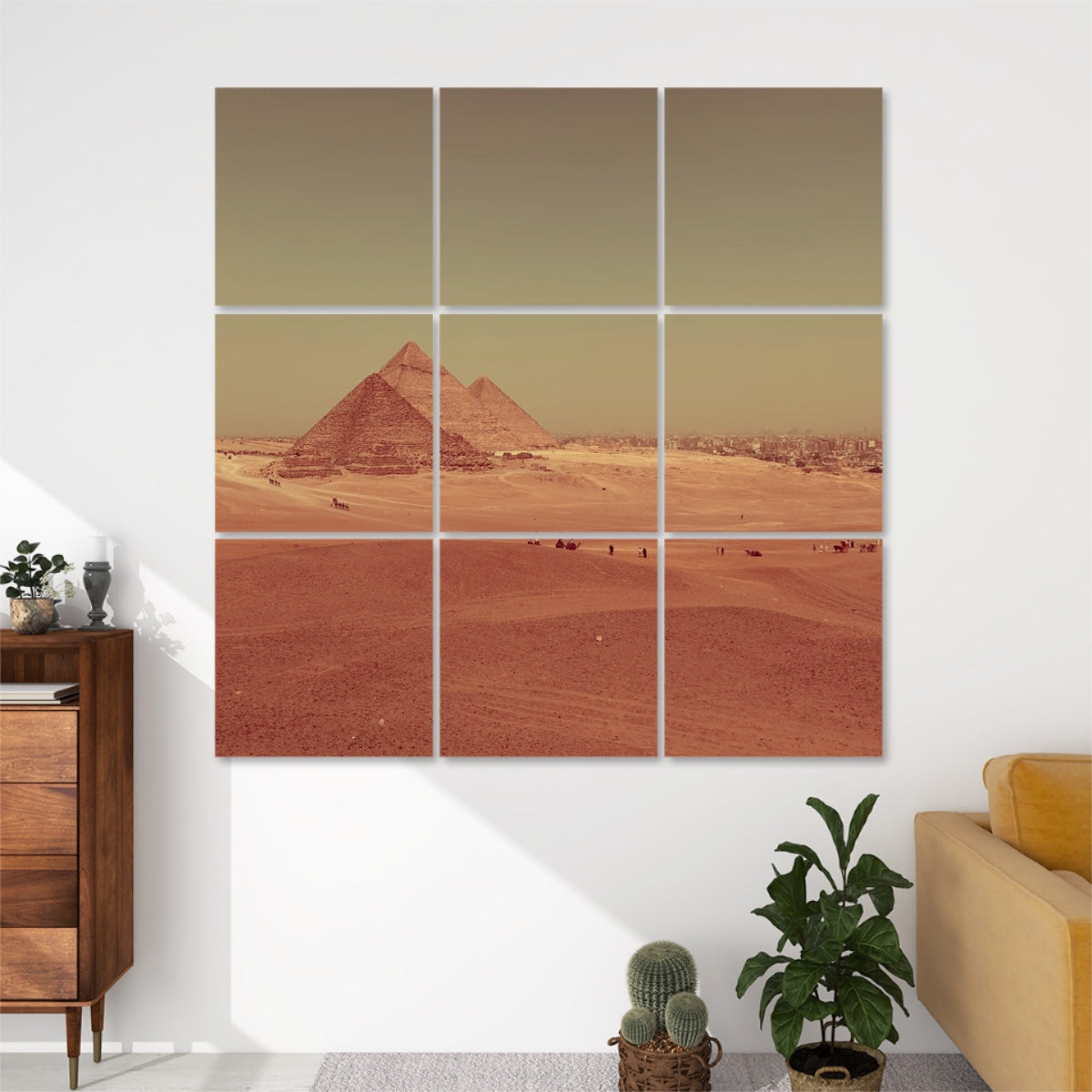 Brownie-toned acoustic wall art set featuring the Pyramids of Giza across a desert landscape, with warm vintage-style coloring.