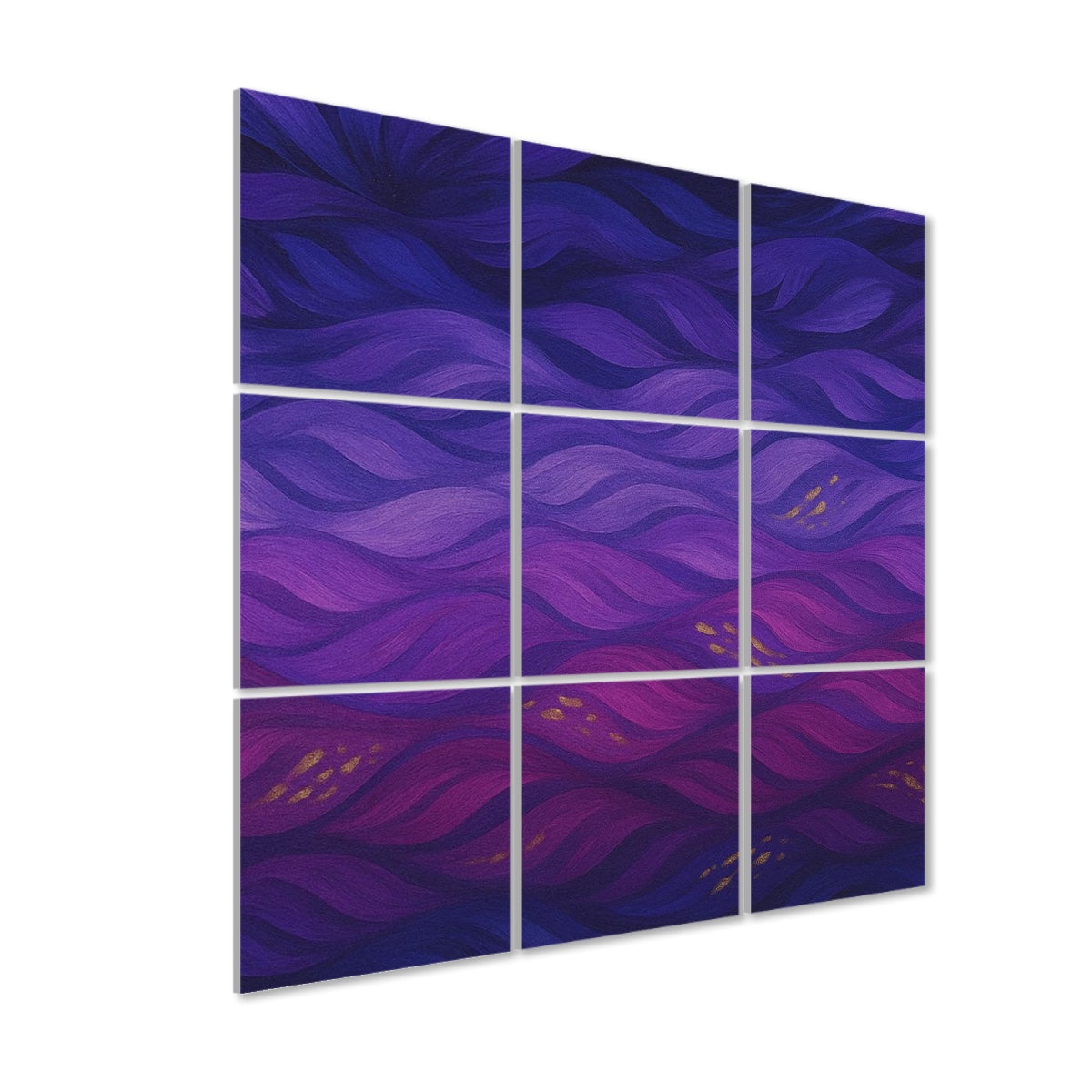 left view, Nine panels in jewel-tone swirls of amethyst, teal, magenta and amber arranged in a 3×3 grid on a white wall above a wood cabinet and potted plant