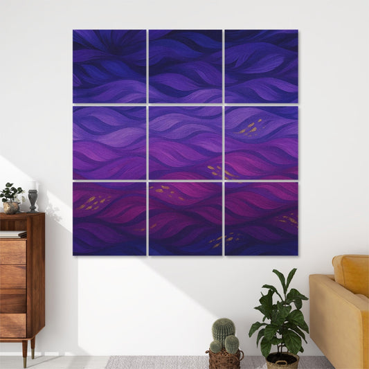 Nine panels in jewel-tone swirls of amethyst, teal, magenta and amber arranged in a 3×3 grid on a white wall above a wood cabinet and potted plant