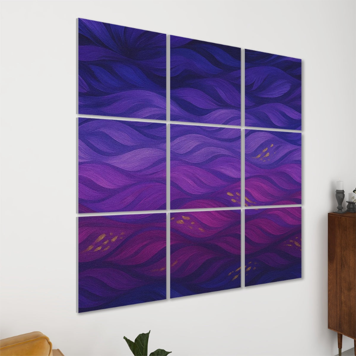 left view - Nine panels in jewel-tone swirls of amethyst, teal, magenta and amber arranged in a 3×3 grid on a white wall above a wood cabinet and potted plant