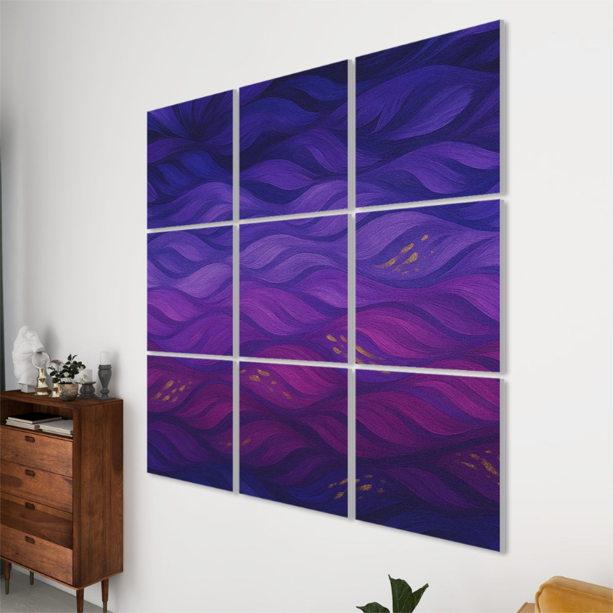 right view - Nine panels in jewel-tone swirls of amethyst, teal, magenta and amber arranged in a 3×3 grid on a white wall above a wood cabinet and potted plant