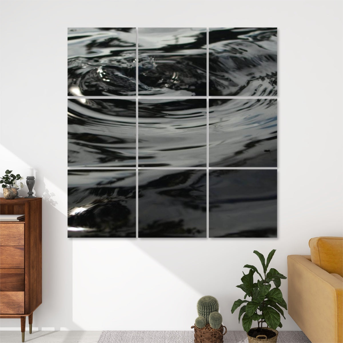 Front view of 9-panel acoustic wall art featuring dark rippling water with soft circular waves and reflected light in an abstract, calming composition.